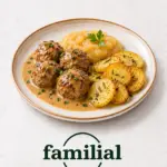 Boulettes suédoises, compote de pommes et rondelles de pdt confites à l'huile d'olive