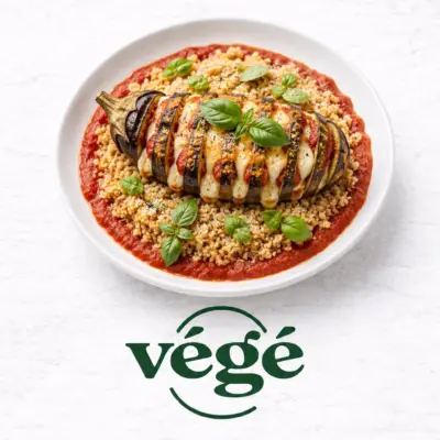 aubergine hasselback à la mozzarella, boulgour, sauce tomate