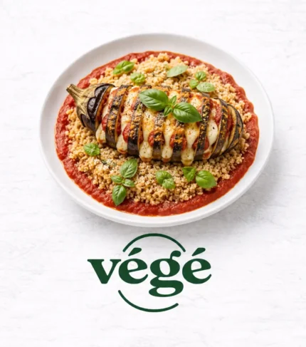 aubergine hasselback à la mozzarella, boulgour, sauce tomate