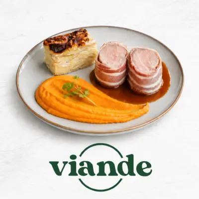 filet pur de porc, jus de viande, gratin dauphinois, purée de carottes