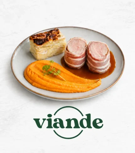 filet pur de porc, jus de viande, gratin dauphinois, purée de carottes